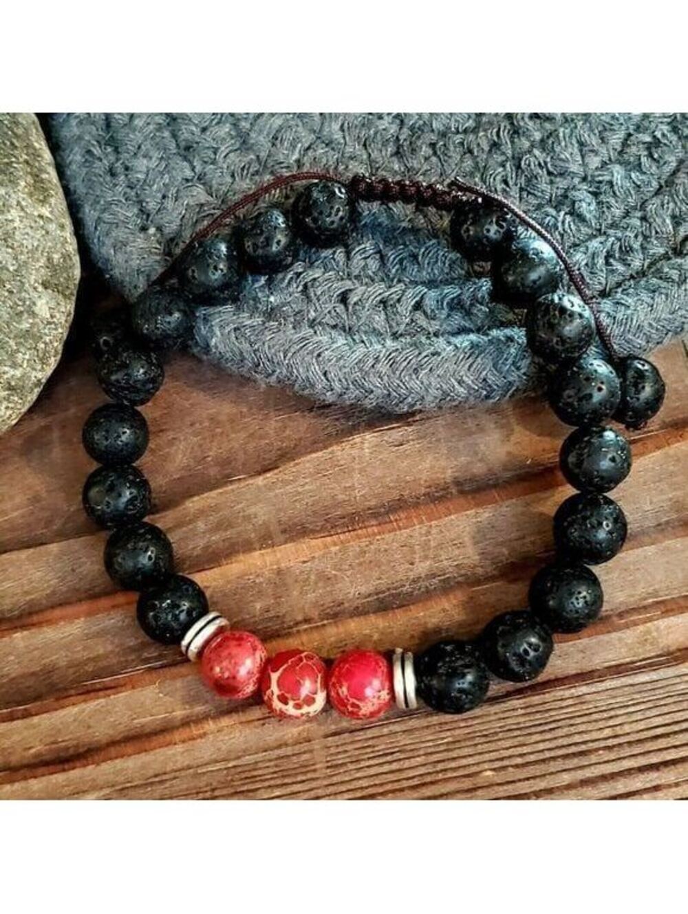 Handcrafted Chakra Bracelet Red Aqua Terra Jasper Black Lava